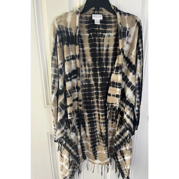 Soft Surroundings Tan Black Tie Die Fringe Drape Cardigan Jacket Size XS TALL - Picture 2 of 6